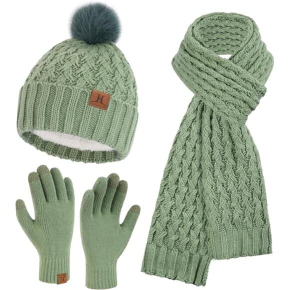 Women\'s Winter Beanie Hat Touchscreen Gloves Long Neck Scarf Set Warm Knit Caps
